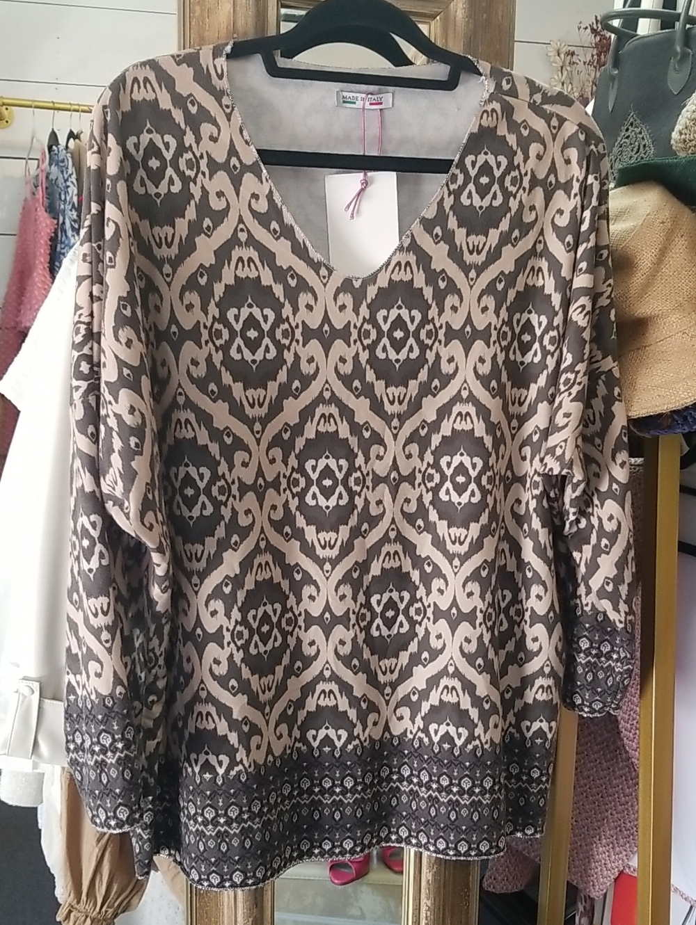 Beige and Black Patterned V-Neck Blouse